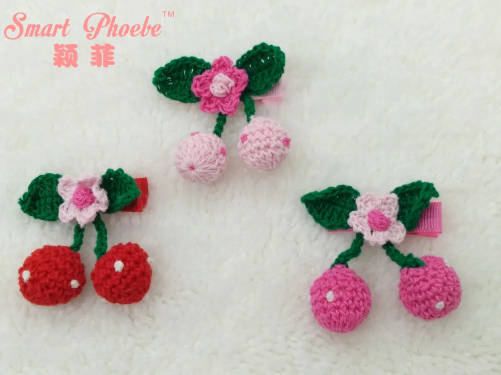 Boutique 30pcs/3C Fashion Cute Crochet Cherry Girls Hairpins Solid Kawaii Floral Pom Pom Hair Clips Headwear Accessories