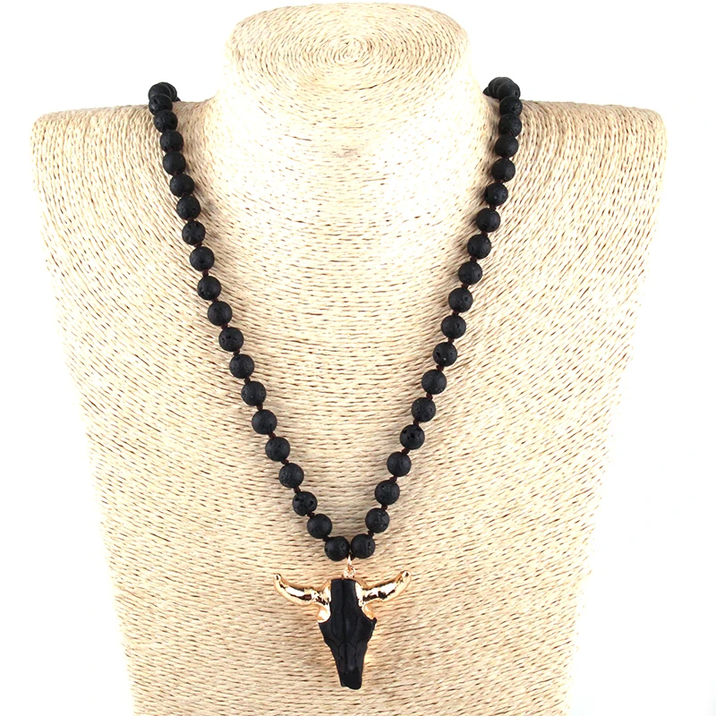 Fashion 8MM Multi / Black Lave Stone Long Knotted Horn Pendant Necklace