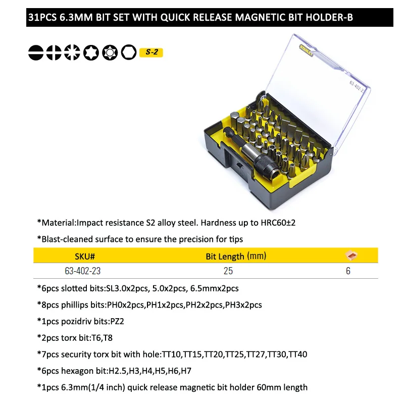 Imagem -04 - Stanley-conjunto de Ponteira de Chave de Fenda 25 mm 31 Peças com Suporte de Ímã de Liberação Rápida Magnético 60 mm Phillips Pozi Torx Etc.