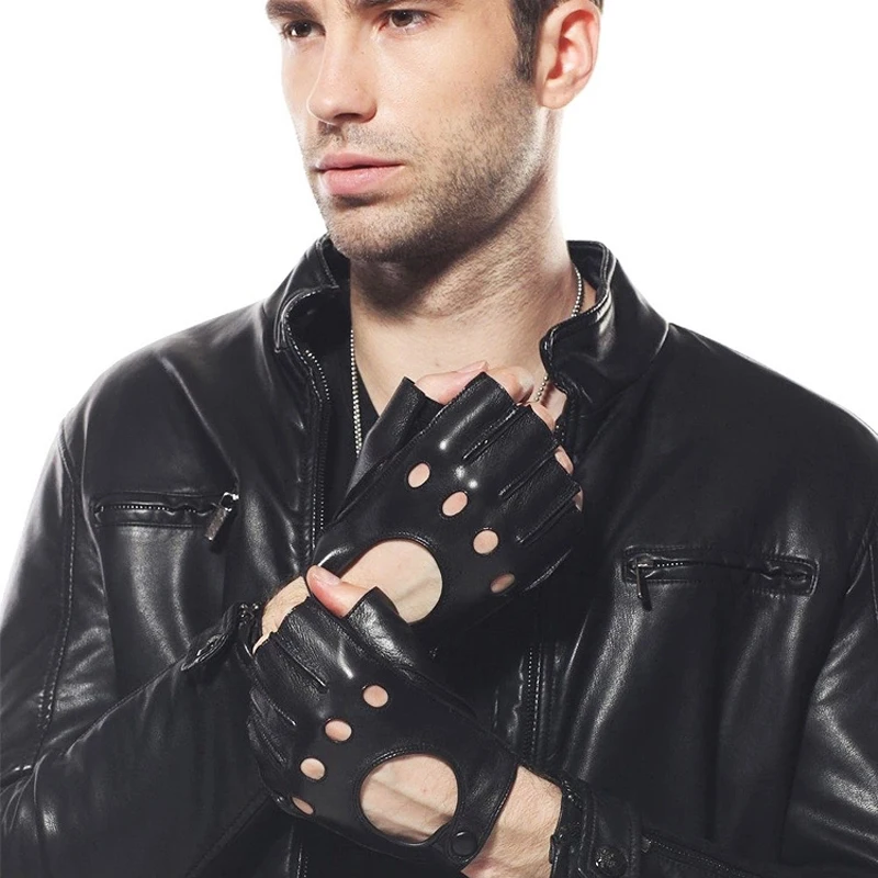 Semi-Finger Leather Gloves Male Spring Summer Unlined Thin Breathable Holes Fitness Black Sheepskin Half Finger Men Gloves M015w