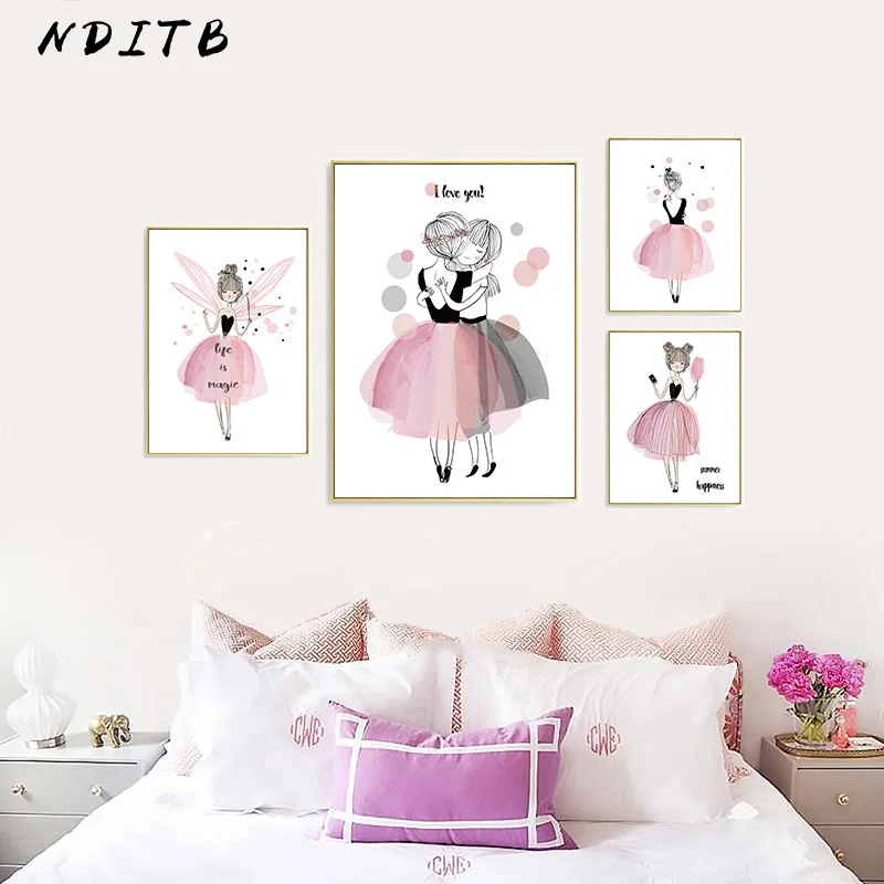 Pink Cartoon Girl Canvas Poster Nursery Wall Art Print Painting Minimalist Nordic Kids Decorative Picture Baby Room Decoration