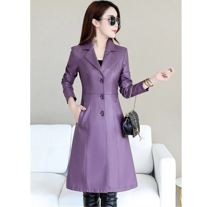 UHYTGF High-End Leather Trench Coat Women Spring Autumn Windbreaker Outerwear Ladies Long Leather Coats Female M-5XL Quality 789