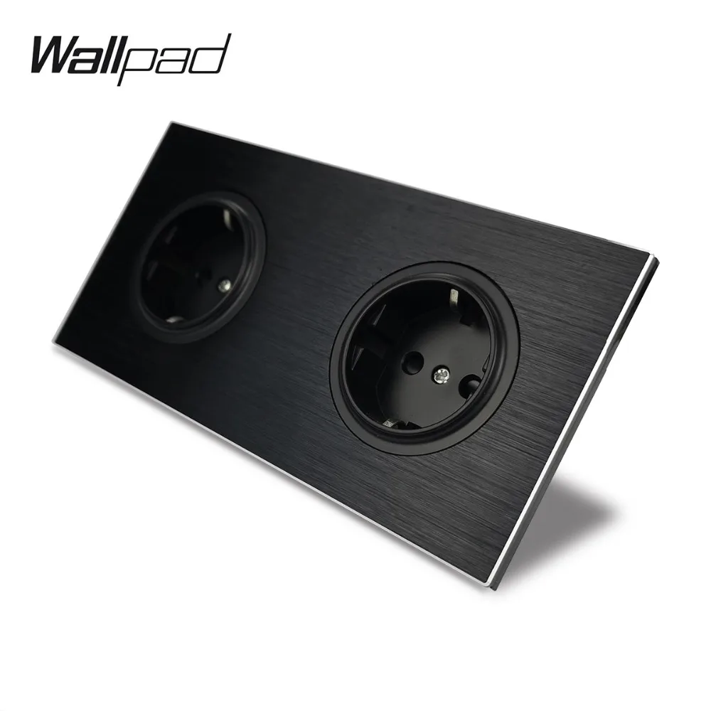 Wallpad L6 Black Metal Double EU Schuko Wall Electrical Power Socket Satin Aluminum Frame Dual Plate, 172 * 86 mm