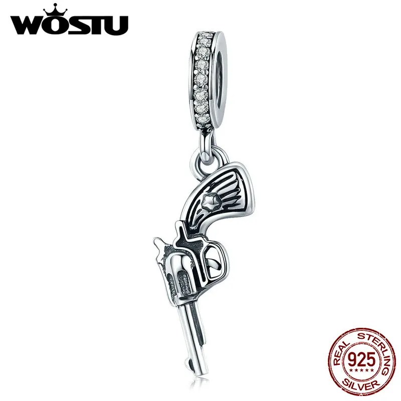 WOSTU Authentic 925 Sterling Silver Vintage Revolver Pistol Pendant Charm fit  Bracelet Necklace DIY Beads Jewelry FIC508