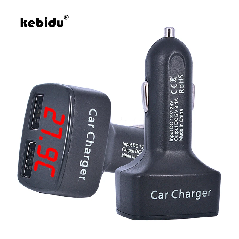 kebidu Multifunction DC 12-24V USB Car charger Dual Port 3.1A with Temperature/Voltage/Current with Blue/Red Light Display