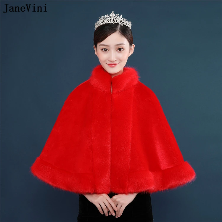 

JaneVini High Quality Wedding Cloak Faux Fur Shawls Stoles Short Shrugs for Women Winter Jackets Red Bridal Wraps Etole Fourrure