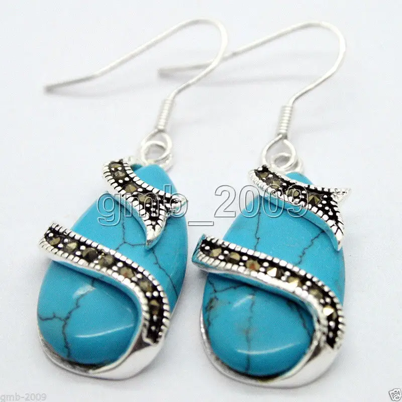 

best valentine's lady's 15*26mm blue Turquoise 925 Sterling Silver Marcasite Earrings