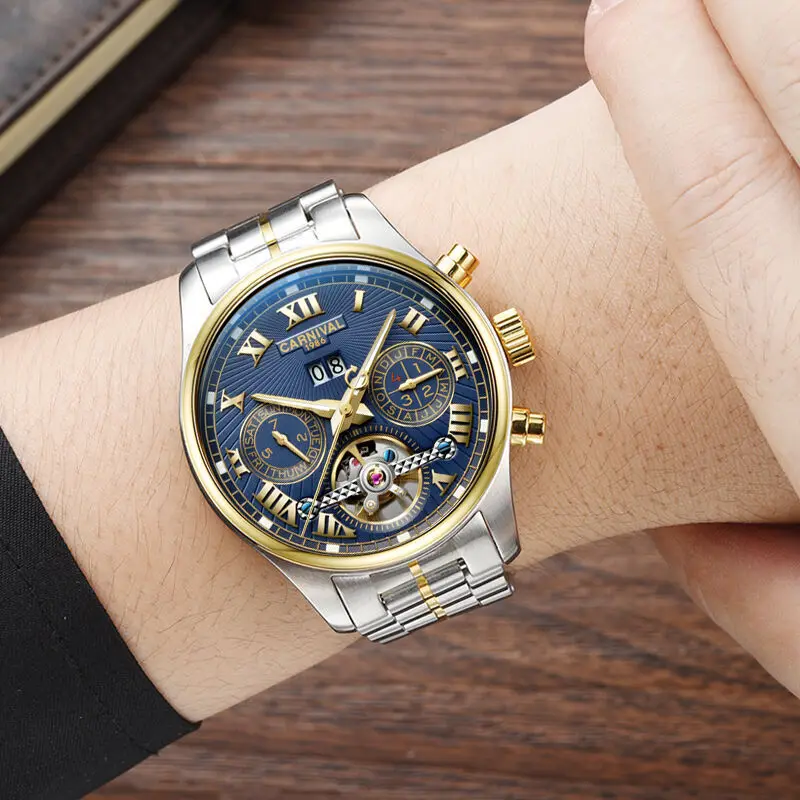 Carnival Mens Multifunction Holllow-out Dial Steel Watchband Automatic Self-Wind Mechanical Watch - gold bezel blue dial