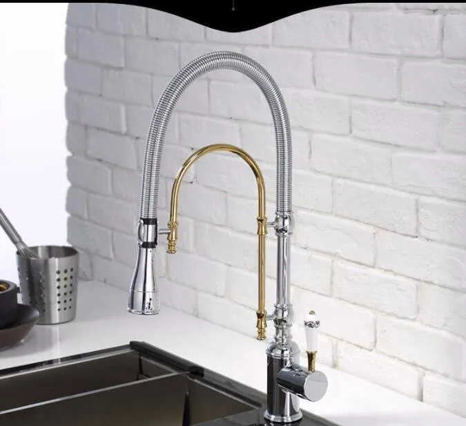 kitchen  Solid Brass Luxurious Golden / Chrome  Sink Mixer Tap Spring Pull Down basin Faucet Single Handle Hot and Cold Faucet