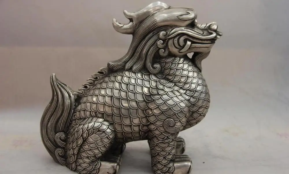 China White Copper Silver Animal Dragon kylin unicorn Foo Dog Lion Statue