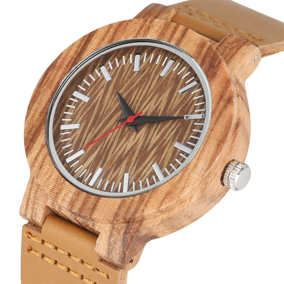 Brown Genuine Leather Wood Watch Men Coffee Stripes Unique Nature Wooden Men\'s Watch Quartz Movement reloj masculino New 2019