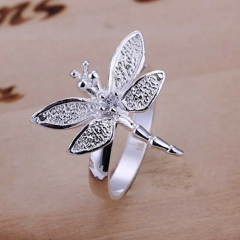 OMHXZJ Wholesale European Fashion Woman Girl Party Wedding Gift Silver Dragonfly AAA Zircon 925 Sterling Silver Ring RR153 image 2