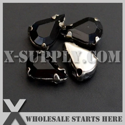 6x10mm Mounted Tear Drop #1 Black Acrylic Rhinestone Gems in Silver NICKEL Sew on Setting for Shoe,Garment