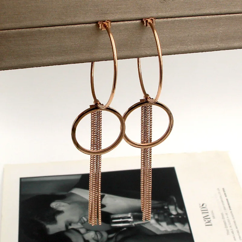 Large Rose Gold Color C-shaped Box Chain Circle Drop Earrings Fashion Beauty Wild Titanium Steel Women Earrings