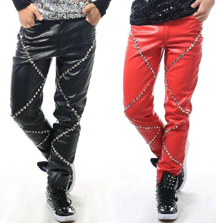 27-37 ! Korean Tide Men Male Singer Dj Bar Atmosphere Presided Ds Stage Costumes Rivets Slim Leather Pants Costumes Trousers