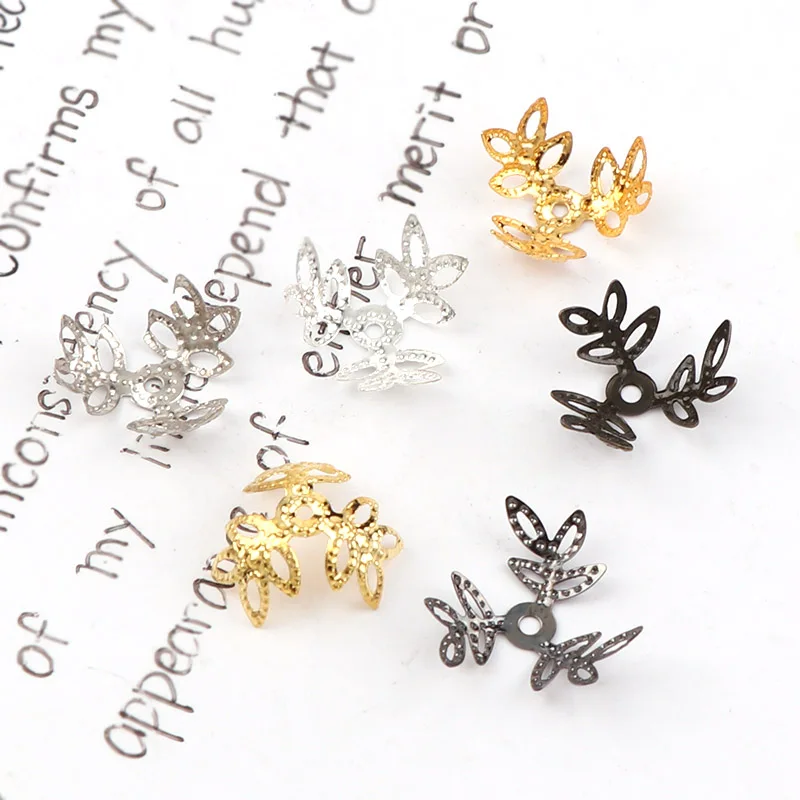 10mm Vintage Filigree Metal Three-Leaf Hollow Flower Spacer Beads End Caps Pendant DIY Charms Connectors Jewelry Findings