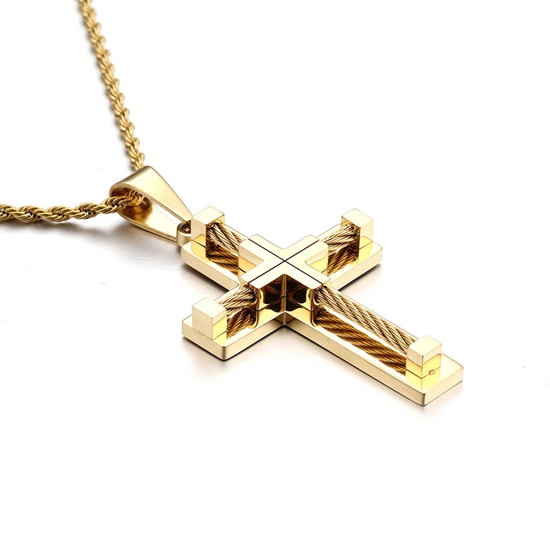 Stainless Steel Wire Chain Large Biker Cross crucifix Pendant Necklace Rope Chain Men\'s Women Punk Fashion Gift 4mm 22 inch