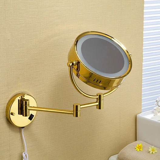 

Vidric Bath Mirror 8" Round Wall Cosmetic Mirrors 3x 1x Magnifying Mirrors LED Brass Golden Folding Bathroom Makeup Light Mirro