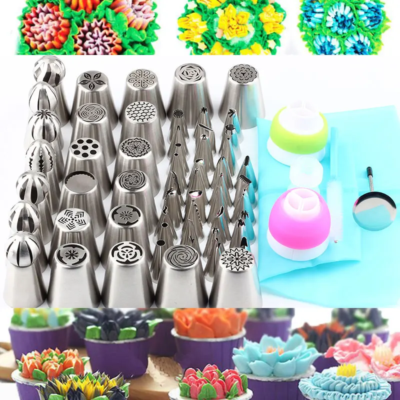 1 Brush 3Pcs Coupler 1Pcs Silicone Bag+67Pcs Pastry  Ball ShapeTips Icing Piping Russian Nozzles Stainless Steel Cake Decorating