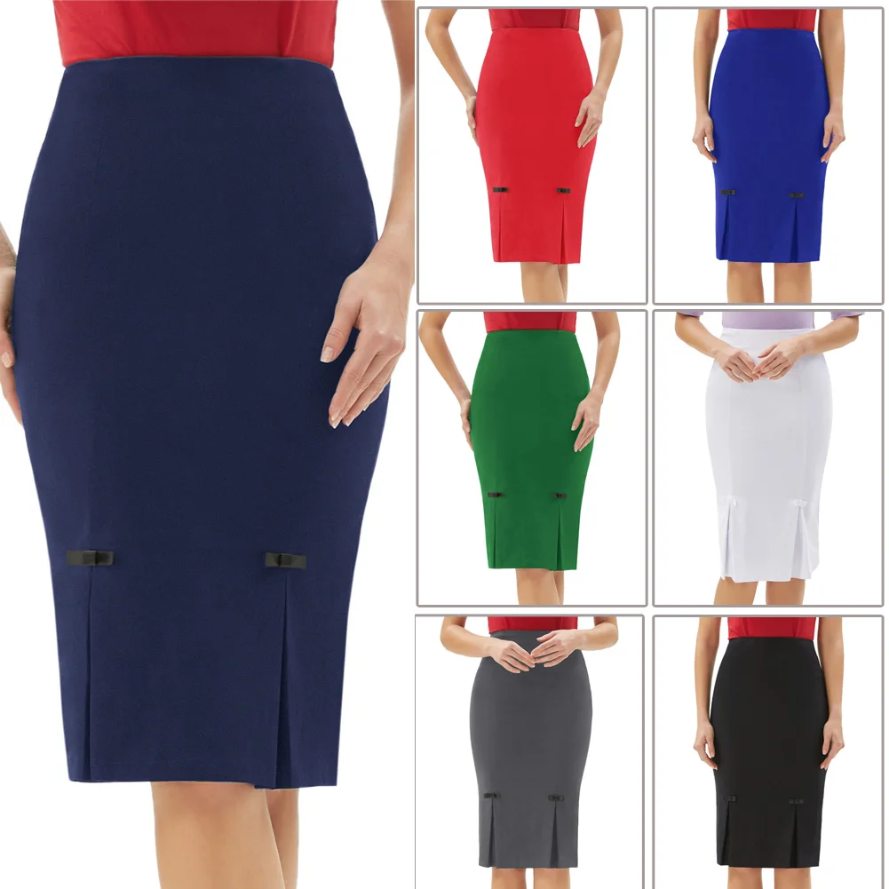 Belle Poque OL Women Pencil Skirts Retro Bow-Knot Split Solid Hips-Wrapped Bodycon Knee Length Skirts Business Office Work Skirt