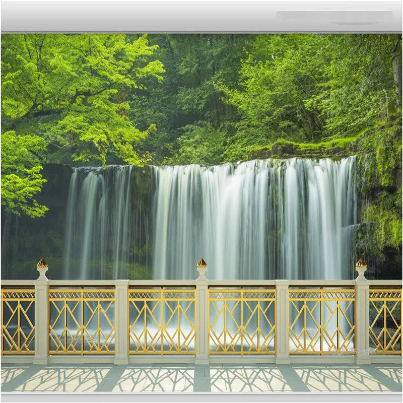 

beibehang Large Wallpaper 3D Balcony Fence Waterfall Landscape Leaves Background Modern Europe Mural for Living Room Home Decor