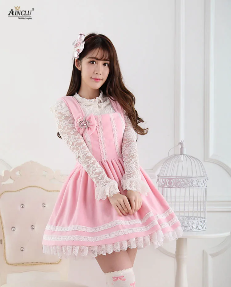 

Ainclu Women's Pink Polyester Sweet Cute Fluffy Strap Printing Princess Lolita Dress