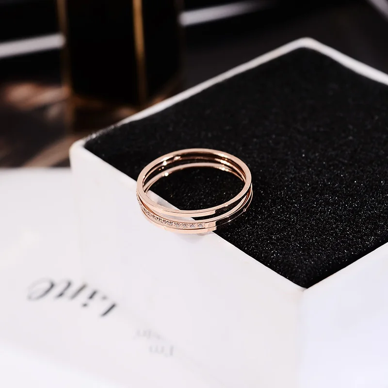 YUN RUO 2018 New Fashion 3 Layers Crystal Ring Rose Gold Color Woman Gift Party Titanium Steel Jewelry Not Fade Drop Shipping