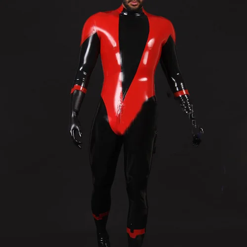 

100% Latex Rubber Men Racing Suit Handsome Bodysuit Red and Black Catsuit Size XXS-XXL