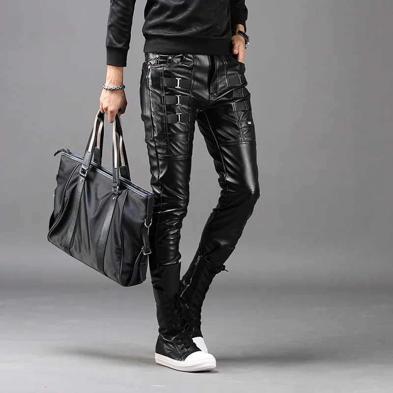 2021 Autumn Winter Slim Men's Pu Thickening Warm Casual Tight Leather Pants Korean Small Pencil Pants Men Slim Fashion Trousers