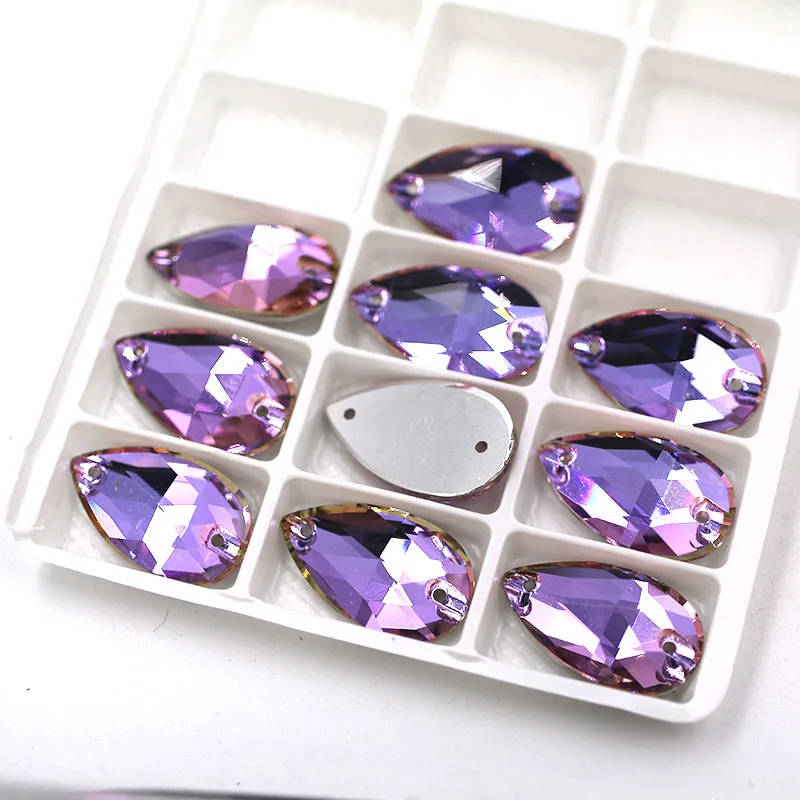 High quality flatback glass double hole crystal sew on rhinestones Teardrop Bright purple Flat buckle diy clothing accessories