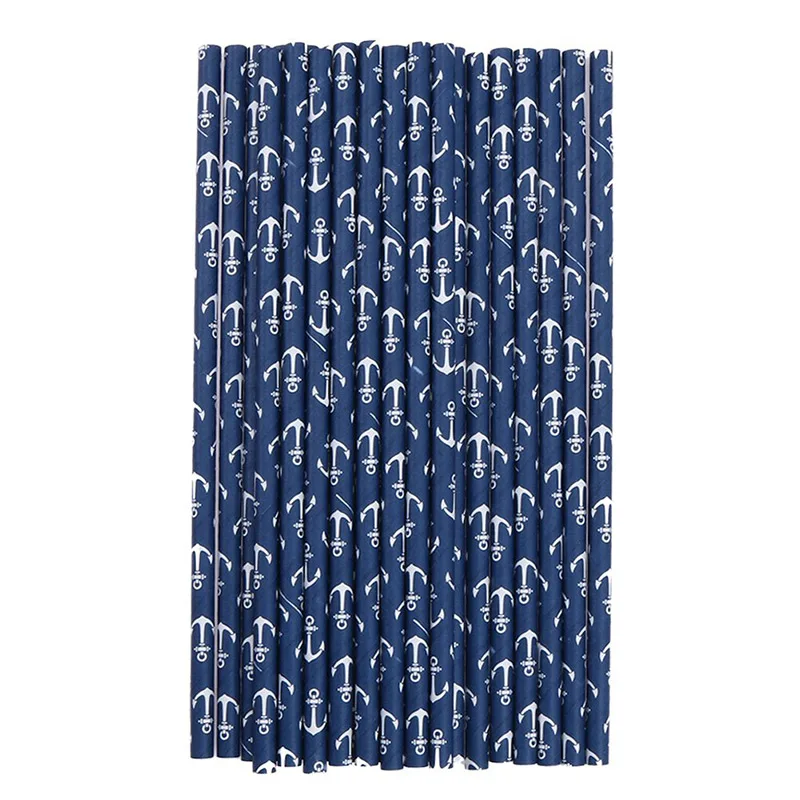 Amawill Anchor Nautical Sailing Straws 25pcs Navy Blue Sea Anchors Paper Straws Sailor for Halloween Tropical Party Decor 8D