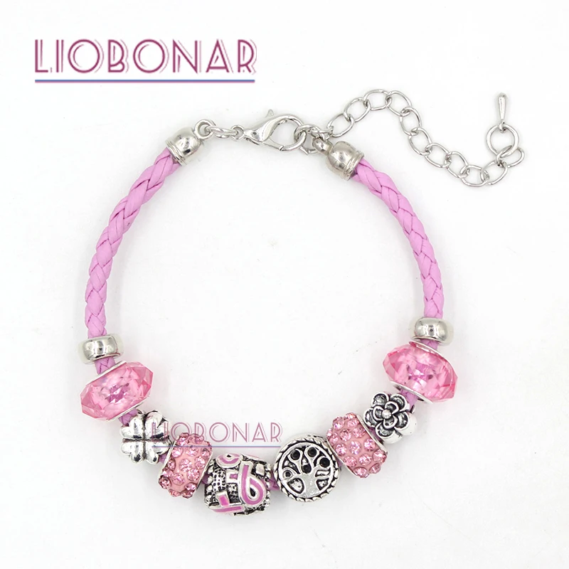 1PC New Arrival Pink Leather Family Tree Pink Ribbon Breast Cancer Awareness Bracelets Jewelry Gift for Cancer Center Foundation