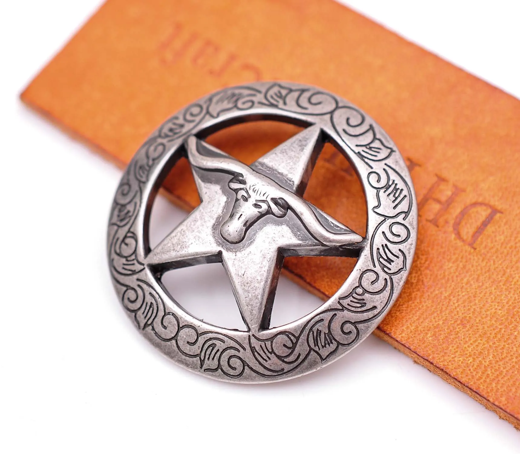 

6X 1-1/2" Heavy Antique Silver Cowboy Longhorn Bull Texas Star Saddle Bridle Concho For Leathercraft Hatband Belt Screwback