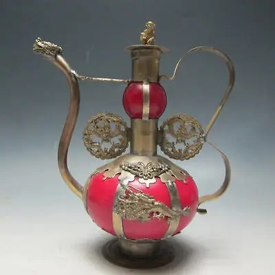 

Decorated silver Chinese handwork old tibet silver dragon teapot Monkey shipping tools wedding Decoration Brass