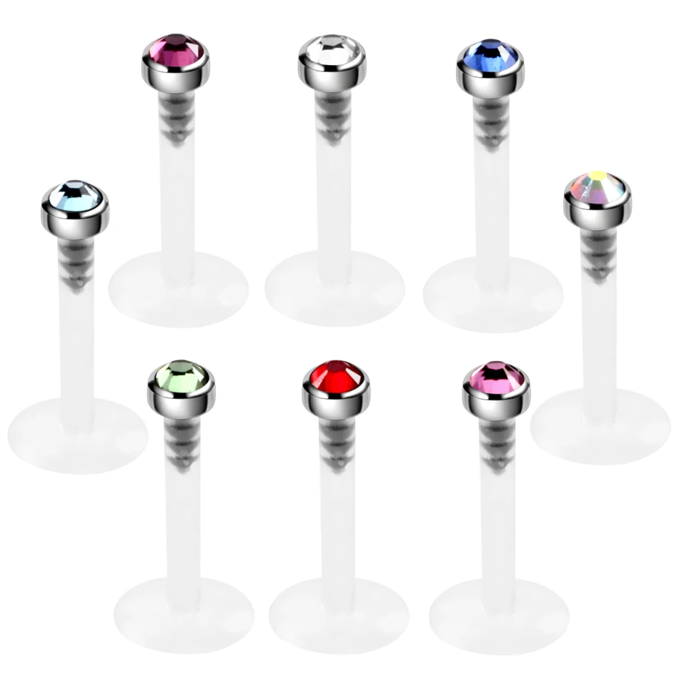 1PC Titanium Bioplast Flexible Lip Monore Piercings Rings Crystal Gem Ear Tragus Helix Orelha Cartilagem Piercings Jewelry 16G