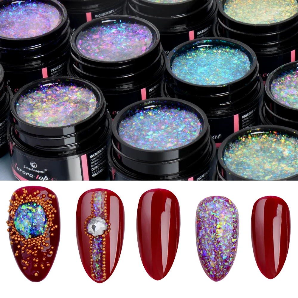 fengshangmei 5g Glitter Gel Polish Super Shine Aurora Top Coat Gel Varnishes Nail Designs Top Coat UV Gel With Sparkles