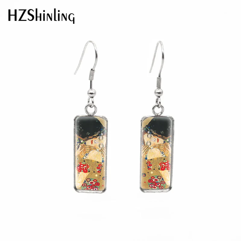 2019 New The Kiss Rectangular Earring Gustav Klimt Art Paintings Fish Hook Earring Photo Glass Photo Jewelry