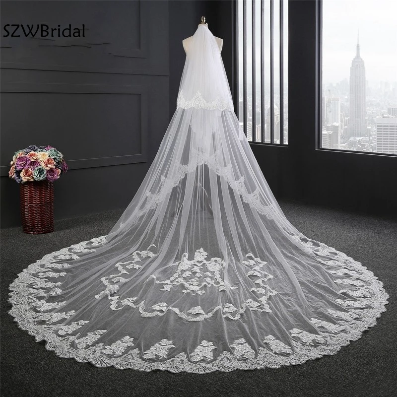 

Fashion Lace Edge 3.5 meter Bridal veil 2024 Two layer Wedding veils veu de noiva sluier Cheap wedding veil with comb