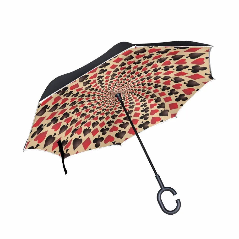 

New Arrival Creative Poker Card Suit C-Hook Handle Reverse Folding Double Layer Windproof Rainy Sunny Umbrella Fishing Car Cane