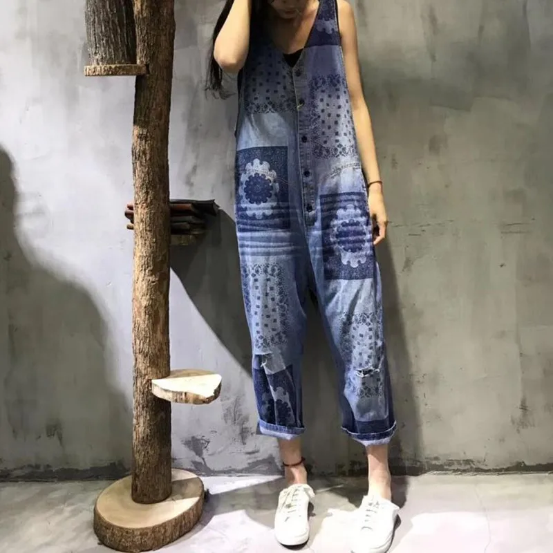 Free Shipping 2019 New Fashion Print V-neck Single-breasted Overalls Denim Loose Jumpsuits And Rompers Long Pants Spring Summer