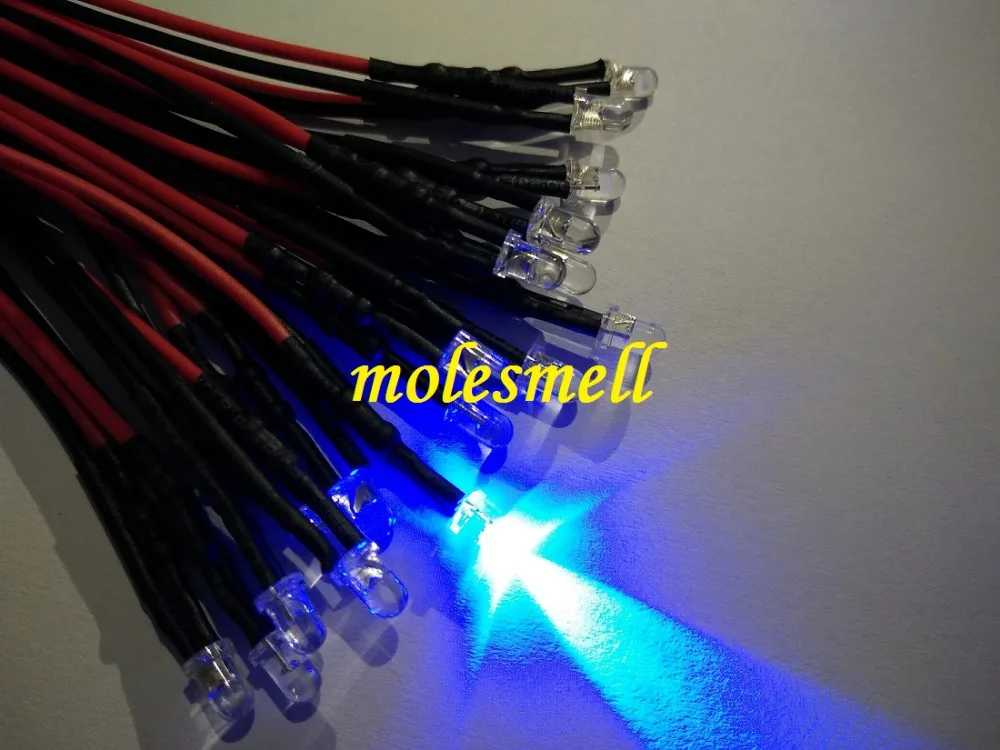 

50pcs 3mm Blue 12V DC water clear round blue led 20cm Pre-Wired LED Light lamp