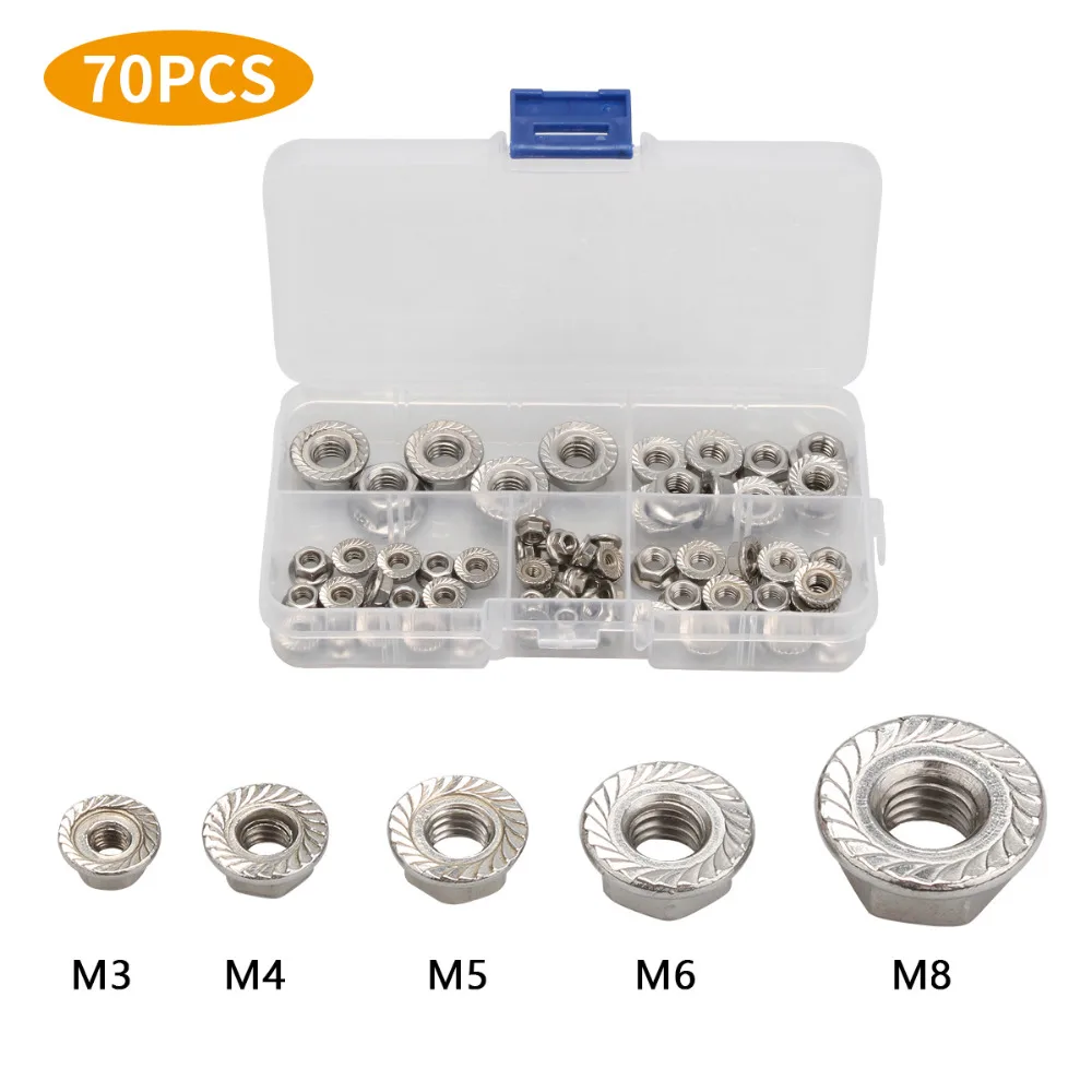 70Pcs DIN6923 M3 M4 M5 M6 M8 304 Stainless Steel Hexagon Flange Nuts Slip Locking Nut Assortment Kit HW015