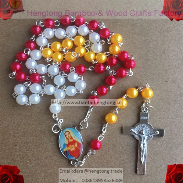 6mm ABS faux pearl rosary,immitation pearl rosary,rosary chain,plastic rosary with virgin mary icon center and benedict cross