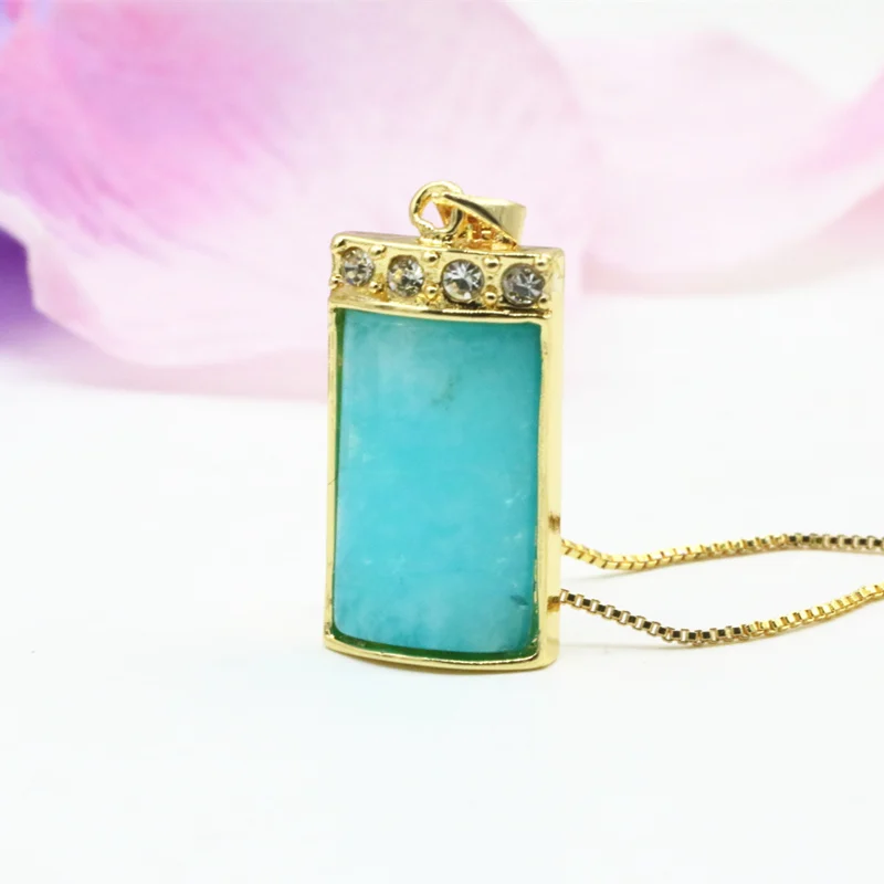 New Charms Blue Jades Stone Pendant Chain For Women Necklace & Pendants 14x25mm Stainless Steel Crystal Gold-Color Jewelry B3356