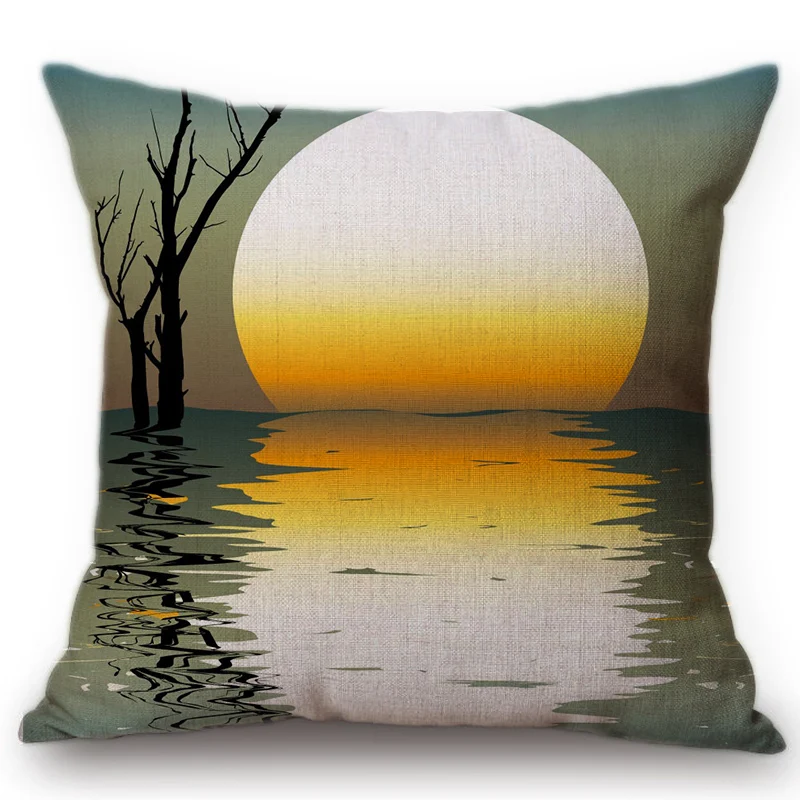 

Moon night Nordic Europe Sofa Cushion Cover Home Decoration Art Full Moon Lake Reflection Cotton Linen Office Chair Pillow Cases