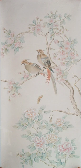 Europe style Elegant Hand-painted silk wallpaper painting peony lowers ith birds silk wallcovering many pictures optional