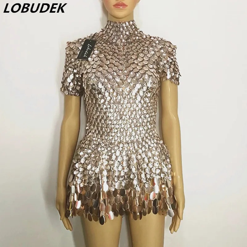 Shining Shells Sequins Short Fish-Scale Mirrors Mini Dress Lady Bar Nightclub DJ Singer DS Stage Performance Dance Outfit