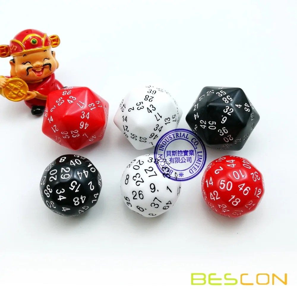 Bescon New Style Polyhedral Dice 50-sided Gaming Dice, D50 die, D50 dice, 50 Sides Dice, 50 Sided Cube, 5 Assorted Opaque Color