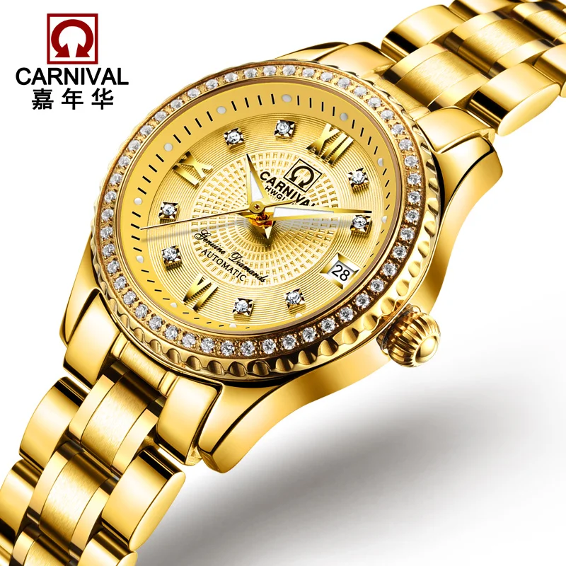 Switzerland Carnival Luxury Brand Watch Women Automatic Mechanical Ladies Watches Diamond Golden Sapphire Crystal Clock C8629L-6