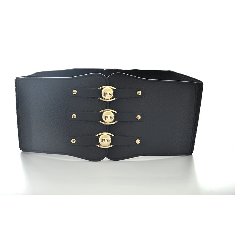 2018 Fashion Black Three Buckle Wide Waistband Belt Ladies Faux Leather Cummerbund Dress Bow Belt With Gold Metal Buckle Bg-281